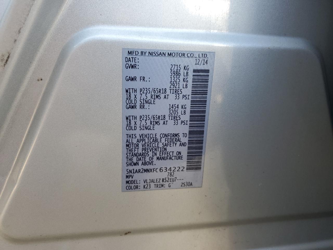 2015 Nissan Pathfinder VIN 5N1AR2MNXFC634222 Copart auction photo, front end damage thumbnail 13