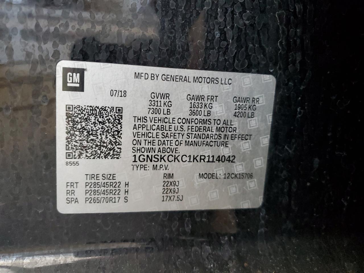2019 Chevrolet Tahoe VIN 1GNSKCKC1KR114042 Copart auction photo, front end damage thumbnail 13