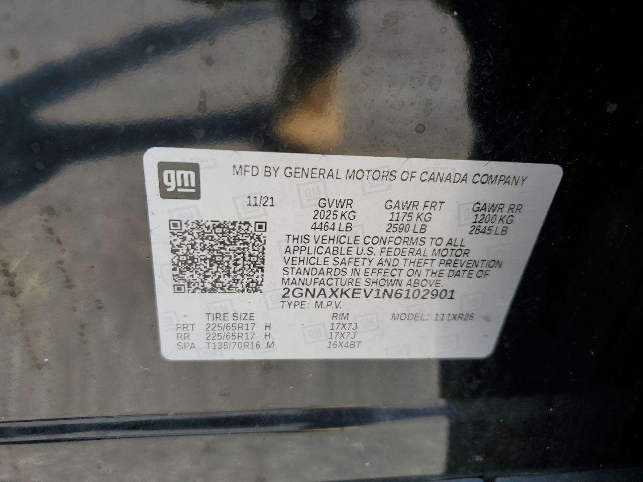2022 Chevrolet Equinox VIN 2GNAXKEV1N6102901 Copart auction photo, rear end / side damage thumbnail 16