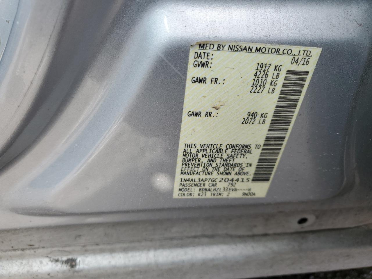 2016 Nissan Altima VIN 1N4AL3AP7GC204415 Copart auction photo, front end damage thumbnail 13