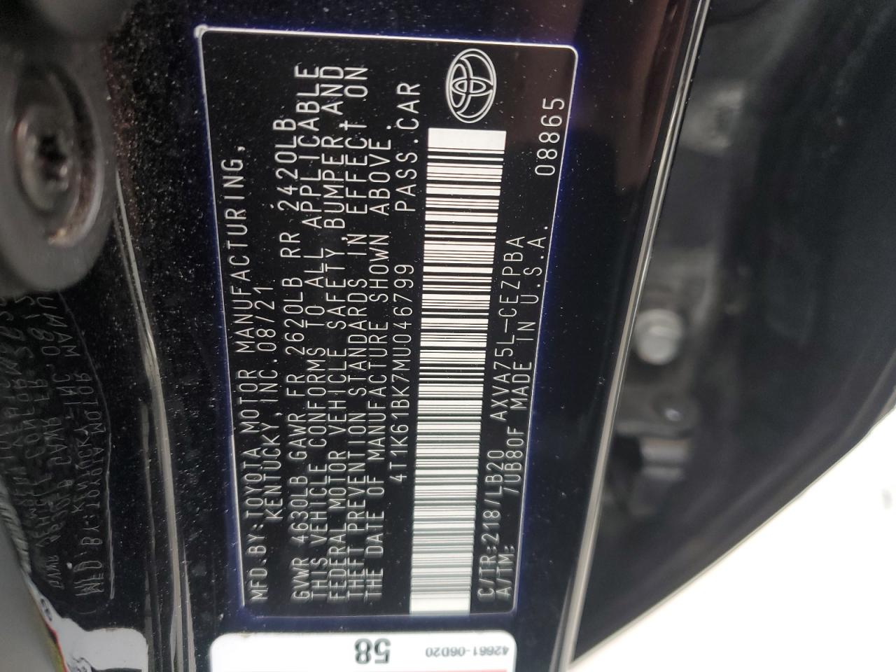 2021 Toyota Camry VIN 4T1K61BK7MU046799 Copart auction photo, front end damage thumbnail 14