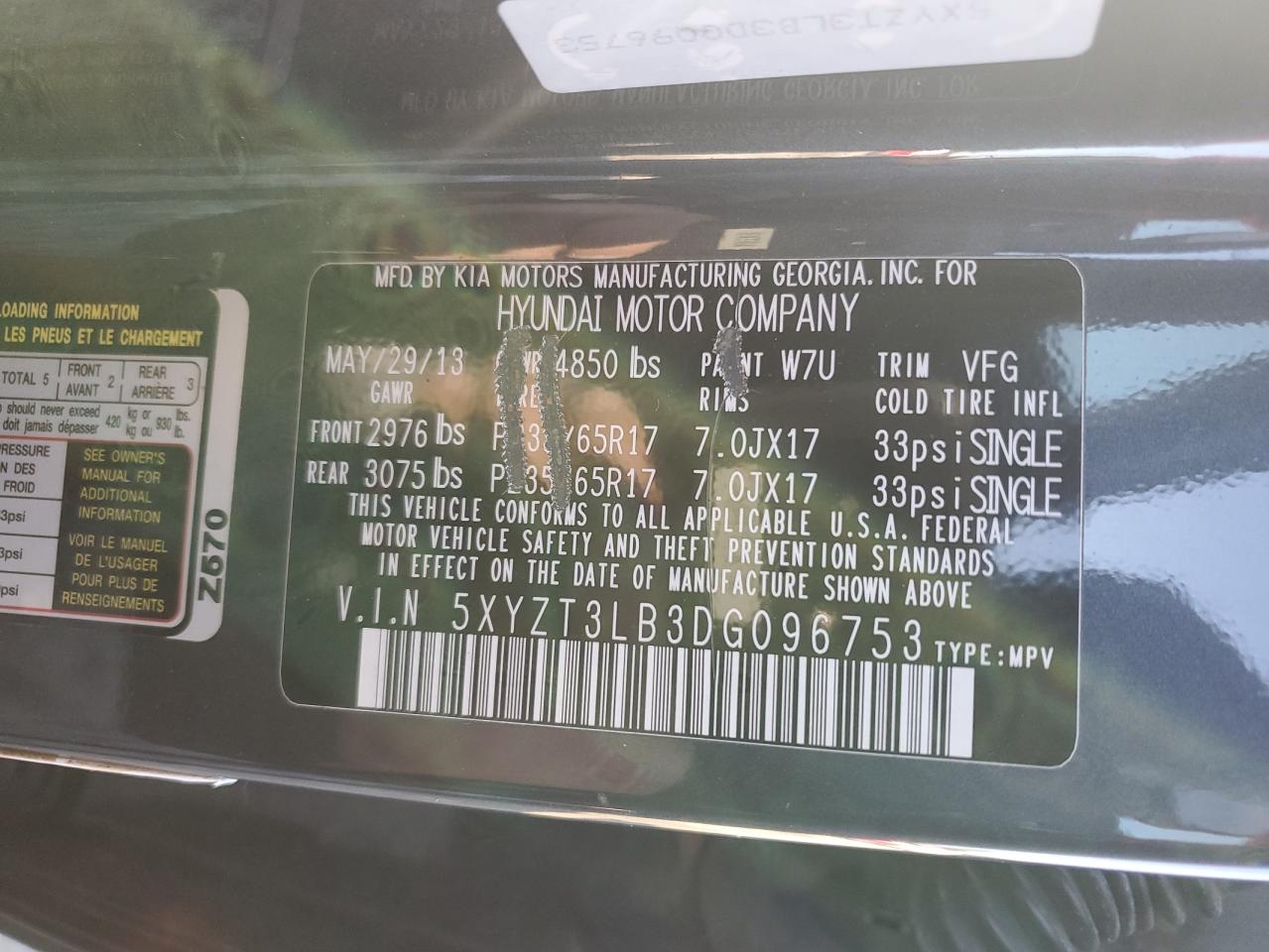 2013 Hyundai Santa Fe VIN 5XYZT3LB3DG096753 Copart auction photo, mechanical / minor dent/scratches damage thumbnail 13