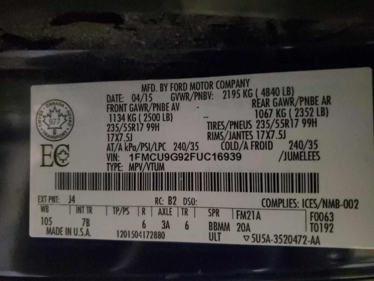 2015 Ford Escape VIN 1FMCU9G92FUC16939 Copart auction photo, front end / undercarriage damage thumbnail 13