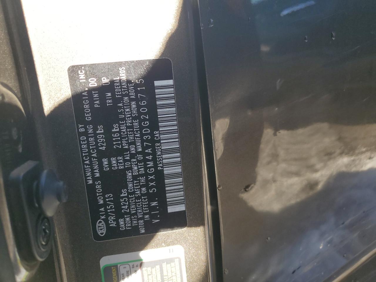 2013 KIA Optima VIN 5XXGM4A73DG206715 Copart auction photo, side / rear end damage thumbnail 12