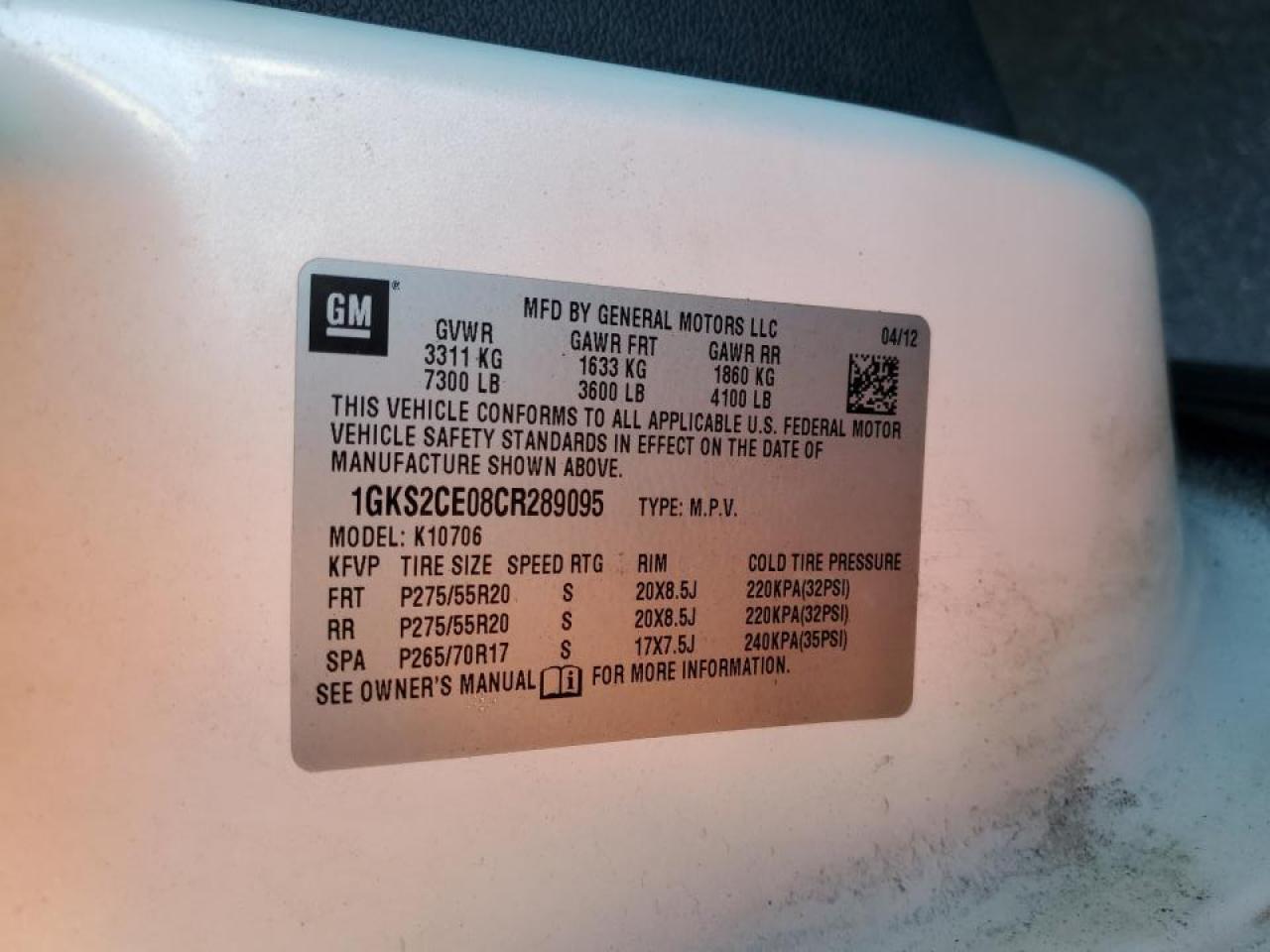 2012 GMC Yukon VIN 1GKS2CE08CR289095 Copart auction photo, front end damage thumbnail 16