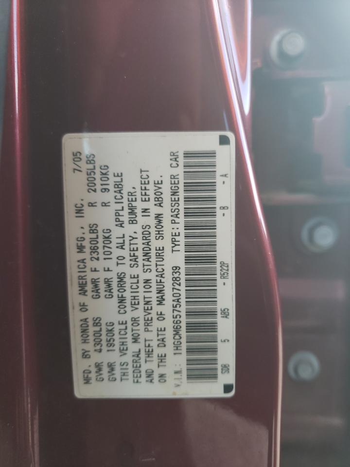 2005 Honda Accord VIN 1HGCM66575A072839 Copart auction photo, top/roof damage thumbnail 12