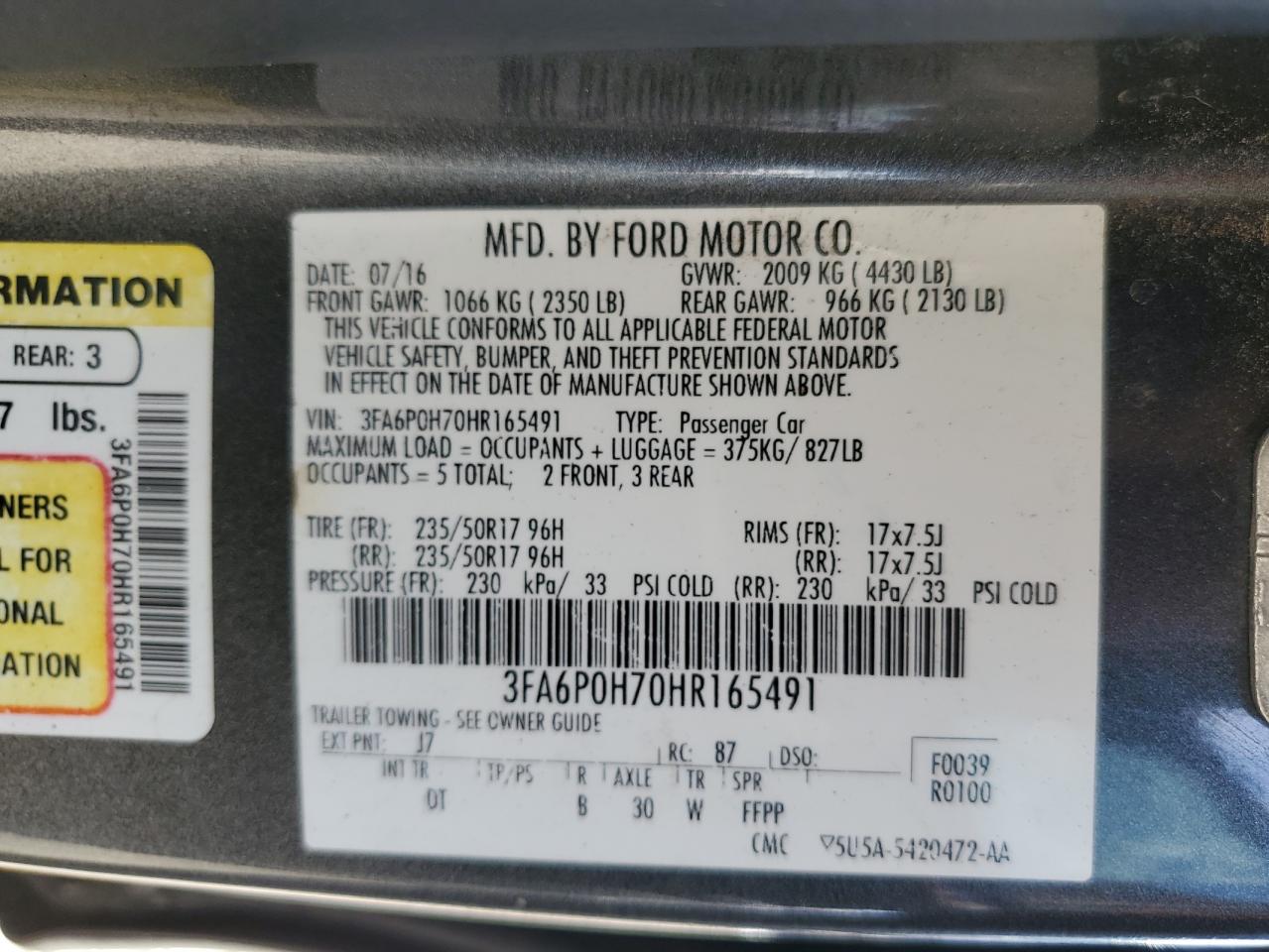 2017 Ford Fusion VIN 3FA6P0H70HR165491 Copart auction photo, all over damage thumbnail 13