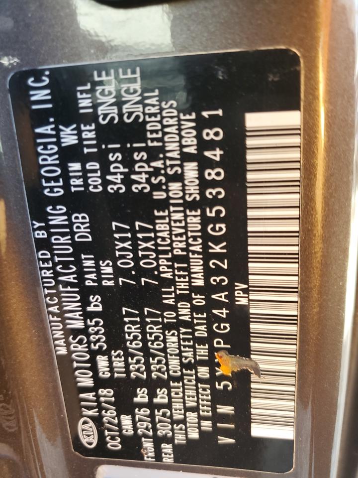 2019 KIA Sorento VIN 5XYPG4A32KG538481 Copart auction photo, mechanical / front end damage thumbnail 13