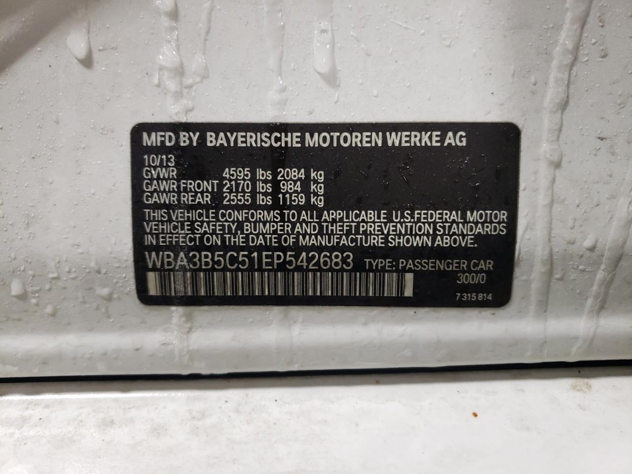2014 BMW 3er VIN WBA3B5C51EP542683 Copart auction photo, rear end damage thumbnail 13