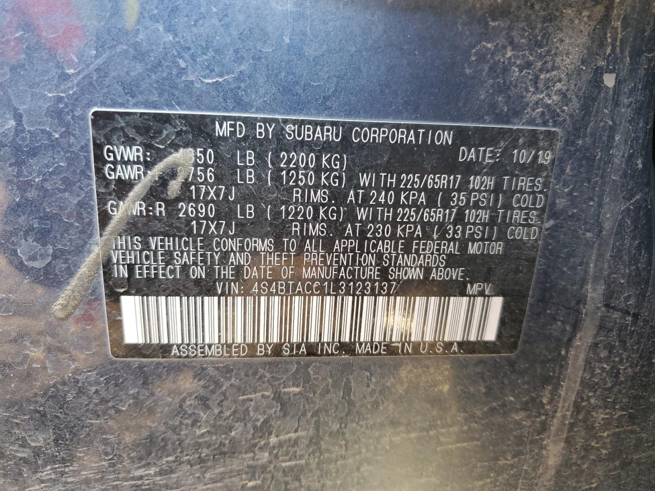 2020 Subaru Outback VIN 4S4BTACC1L3123137 Copart auction photo, side / rear end damage thumbnail 15