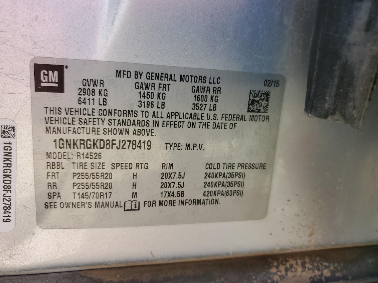 2015 Chevrolet Traverse VIN 1GNKRGKD8FJ278419 Copart auction photo, front end / side damage thumbnail 13