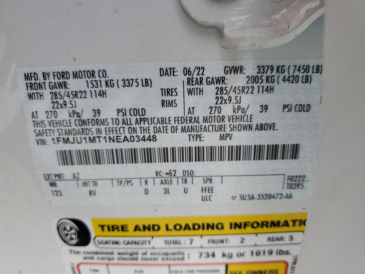2022 Ford Expedition VIN 1FMJU1MT1NEA03448 Copart auction photo, all over / top/roof damage thumbnail 15