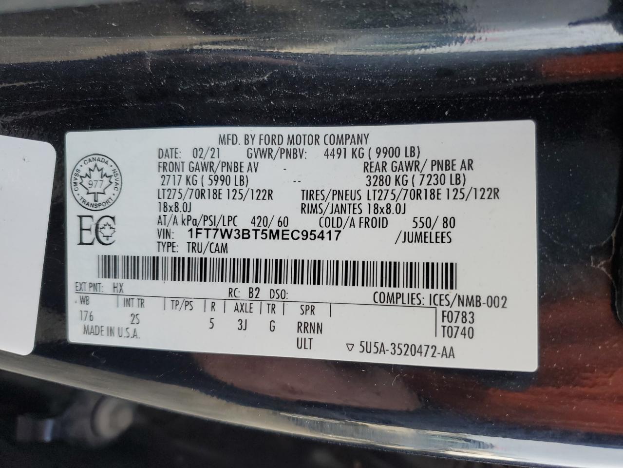 2021 Ford F350 VIN 1FT7W3BT5MEC95417 Copart auction photo, all over damage thumbnail 14