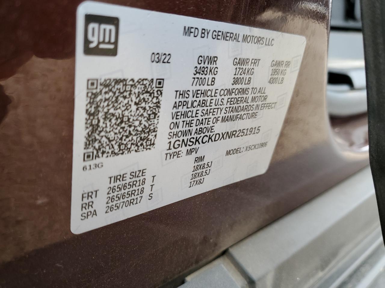 2022 Chevrolet Suburban VIN 1GNSKCKDXNR251915 Copart auction photo, front end damage thumbnail 16