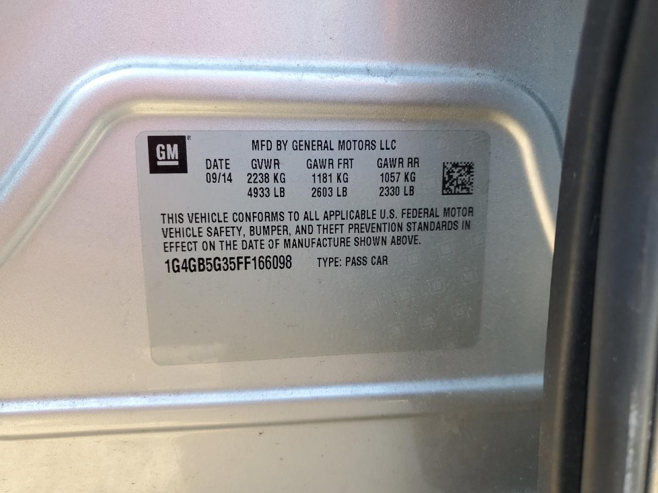 2015 Buick LaCrosse VIN 1G4GB5G35FF166098 Copart auction photo, rear end / side damage thumbnail 12