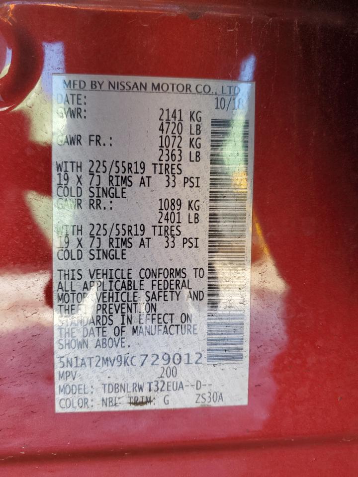 2019 Nissan Rogue VIN 5N1AT2MV9KC729012 Copart auction photo, side / minor dent/scratches damage thumbnail 12