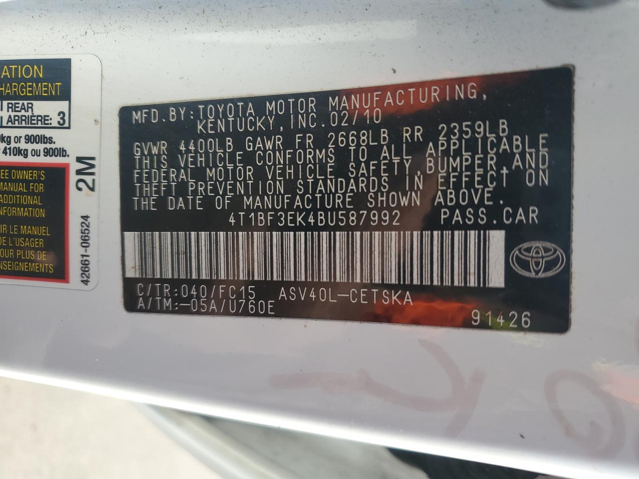 2011 Toyota Camry VIN 4T1BF3EK4BU587992 Copart auction photo, rear end damage thumbnail 12