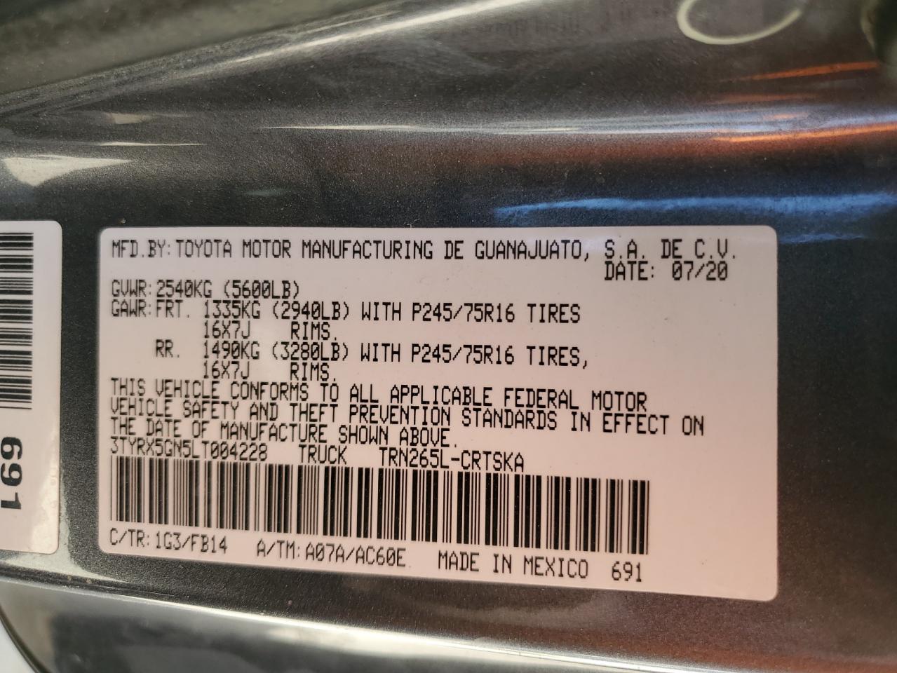 2020 Toyota Tacoma VIN 3TYRX5GN5LT004228 Copart auction photo, front end / rear end damage thumbnail 12