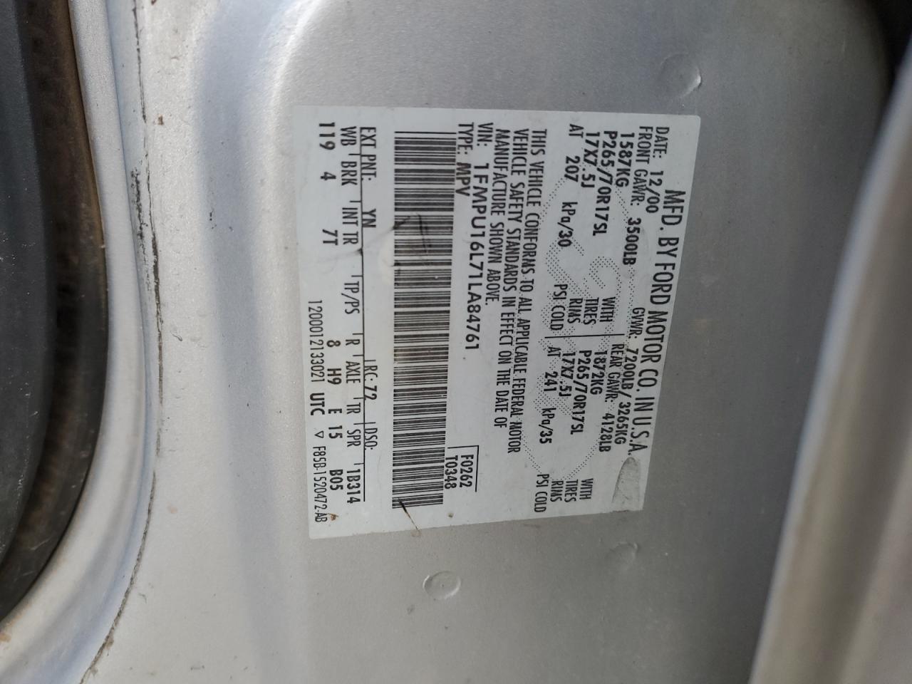 2001 Ford Expedition VIN 1FMPU16L71LA84761 Copart auction photo, rollover damage thumbnail 13