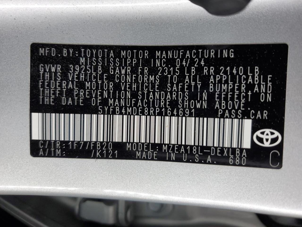 2024 Toyota Corolla VIN 5YFB4MDE8RP164691 Copart auction photo, all over / frame damage damage thumbnail 12
