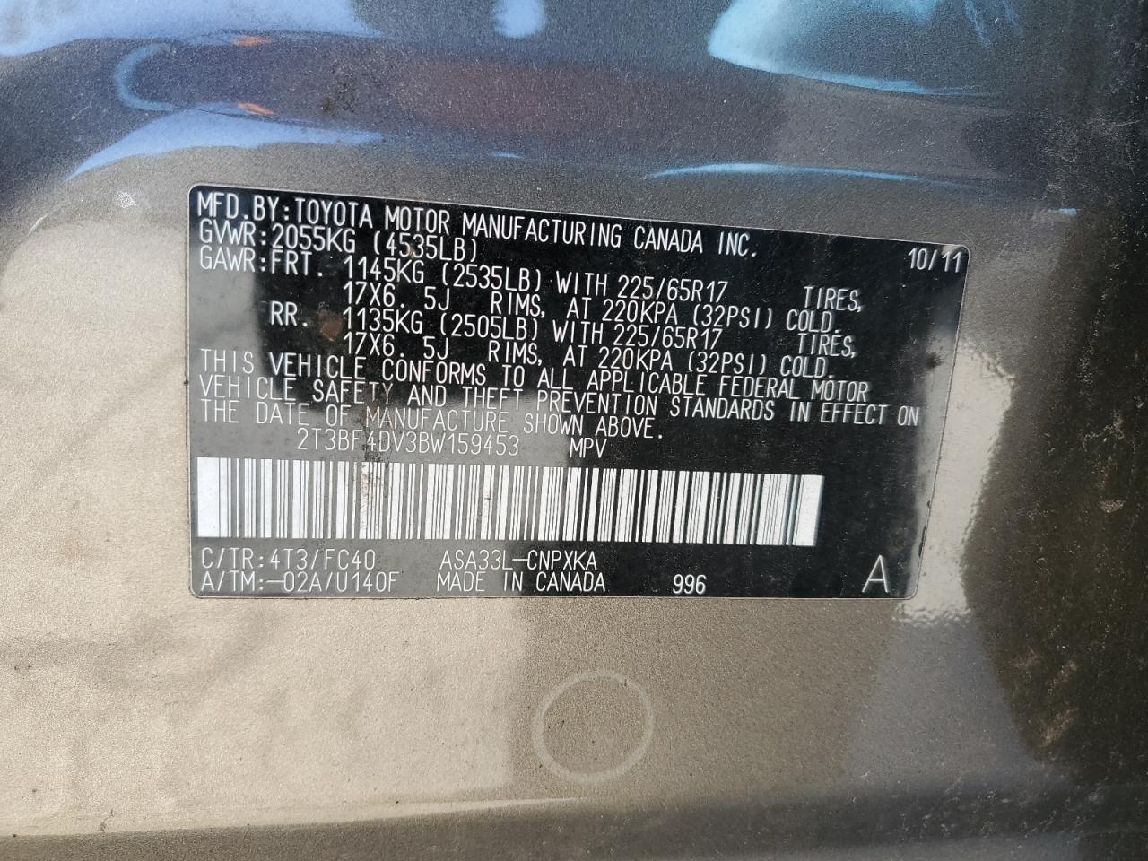 2011 Toyota RAV 4 VIN 2T3BF4DV3BW159453 Copart auction photo, top/roof damage thumbnail 13