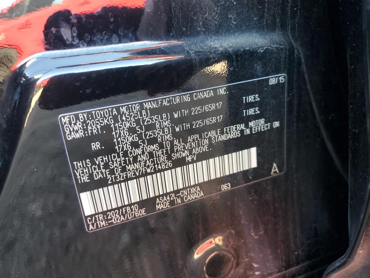 2015 Toyota RAV 4 VIN 2T3ZFREV7FW214826 Copart auction photo, rear end damage thumbnail 13