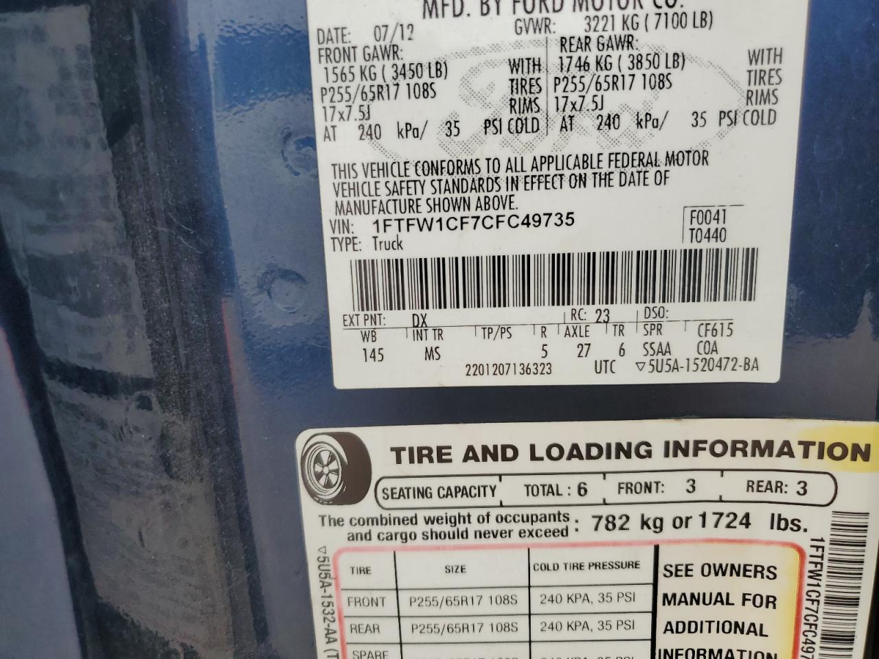 2012 Ford F-150 VIN 1FTFW1CF7CFC49735 Copart auction photo, side / front end damage thumbnail 13