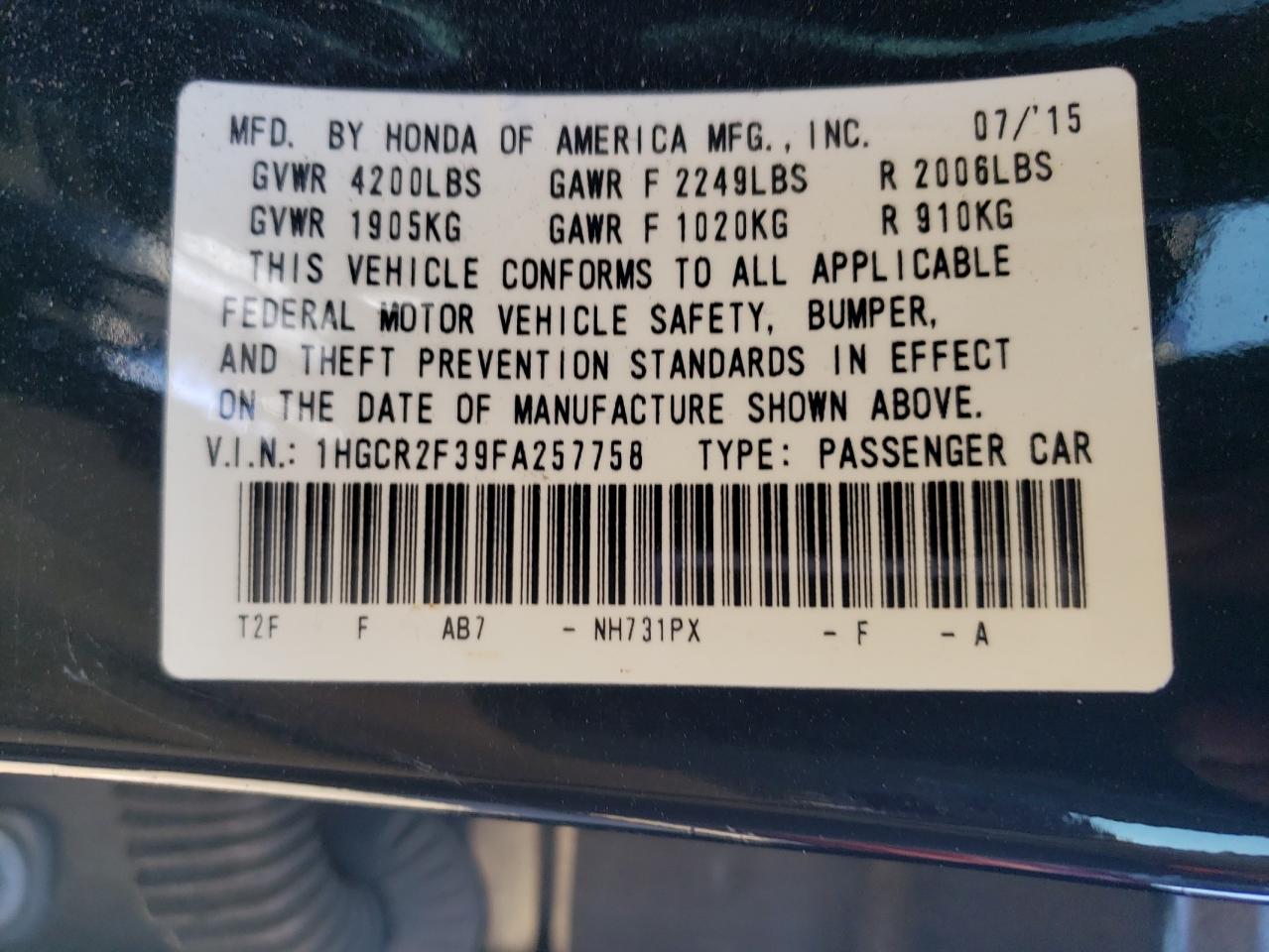 2015 Honda Accord VIN 1HGCR2F39FA257758 Copart auction photo, front end damage thumbnail 13