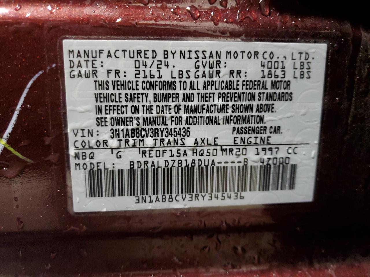 2024 Nissan Sentra VIN 3N1AB8CV3RY345436 Copart auction photo, rear end / front end damage thumbnail 12