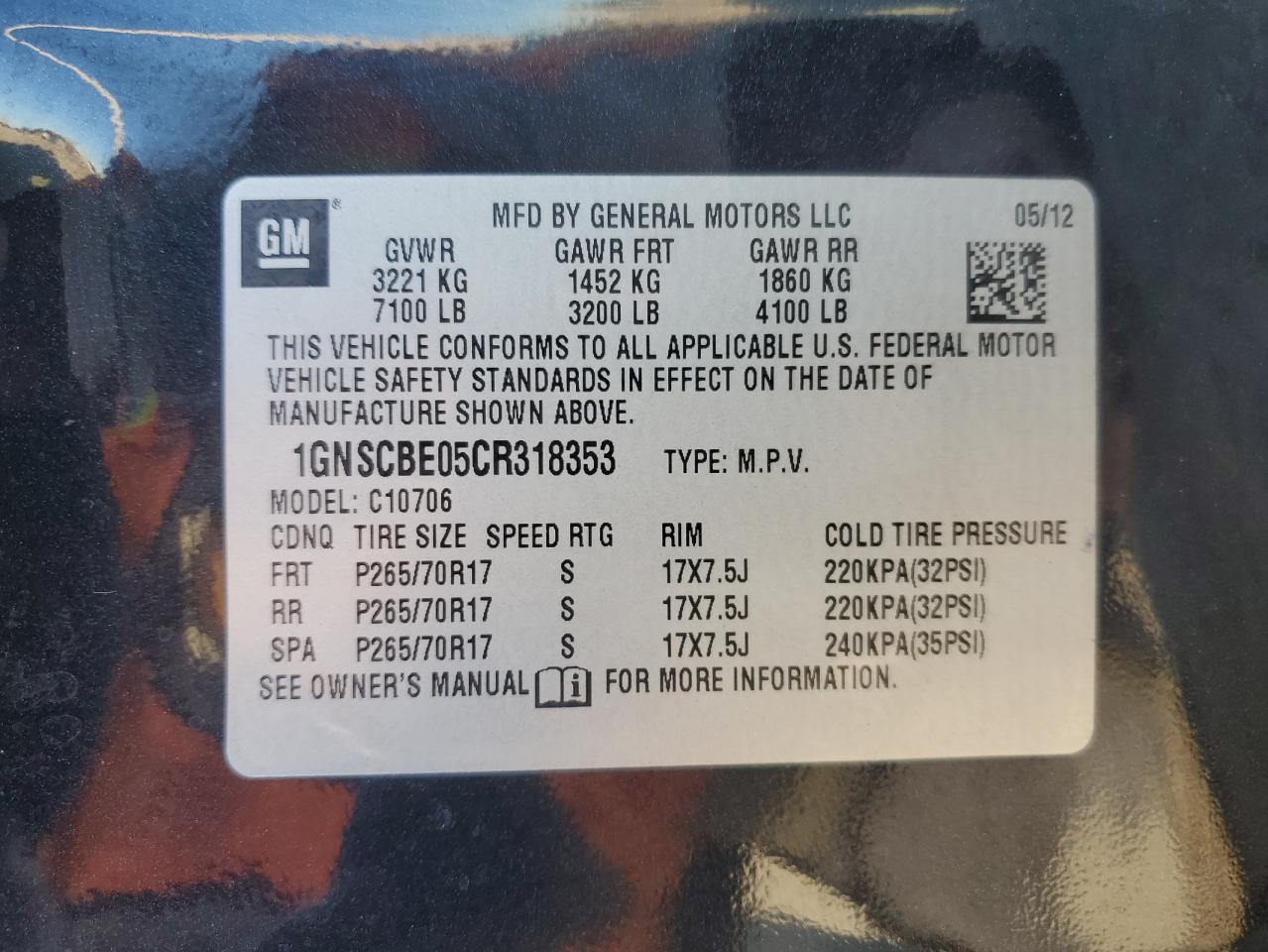 2012 Chevrolet Tahoe VIN 1GNSCBE05CR318353 Copart auction photo, all over damage thumbnail 15
