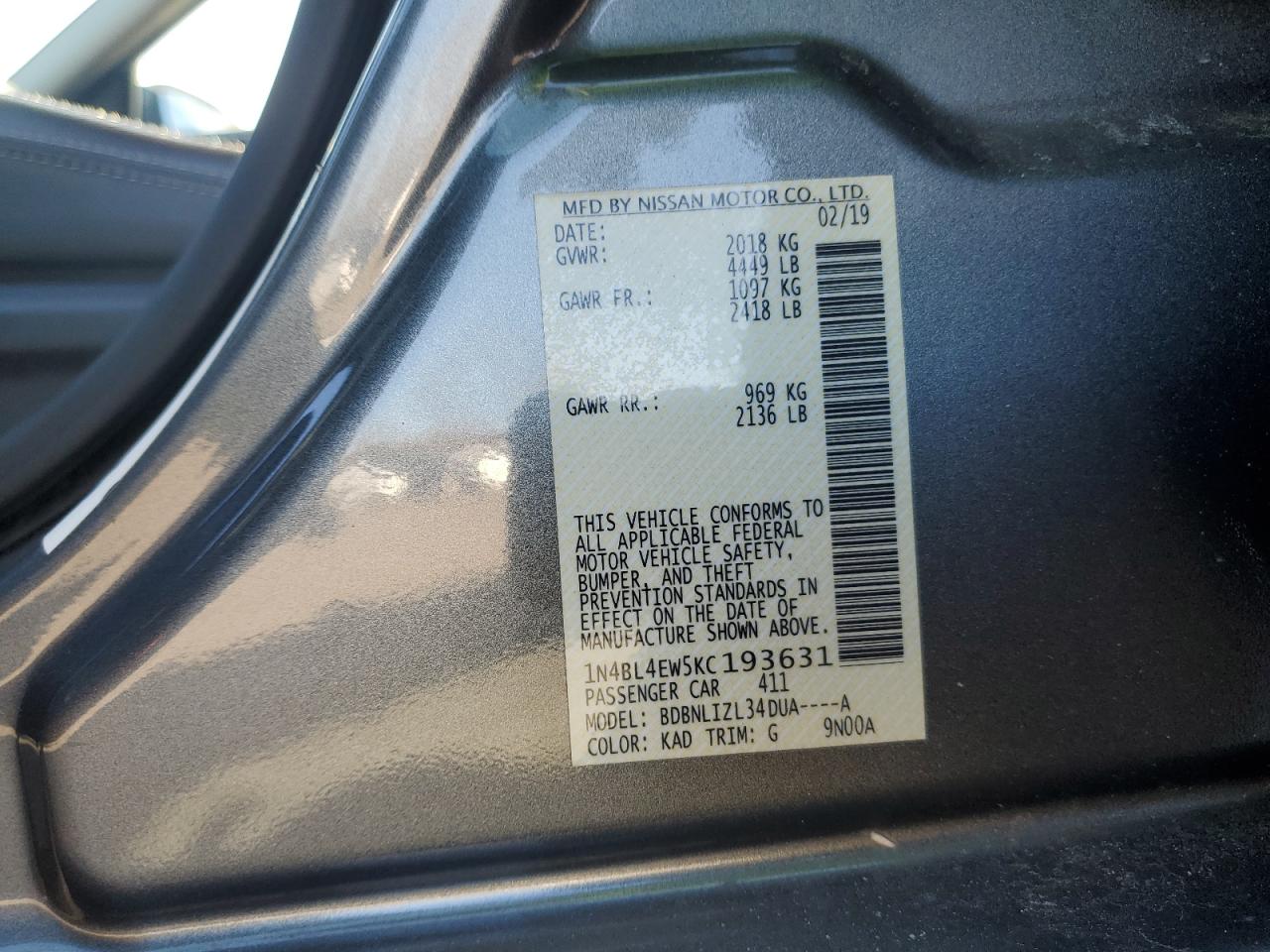 2019 Nissan Altima VIN 1N4BL4EW5KC193631 Copart auction photo, rear end / front end damage thumbnail 14