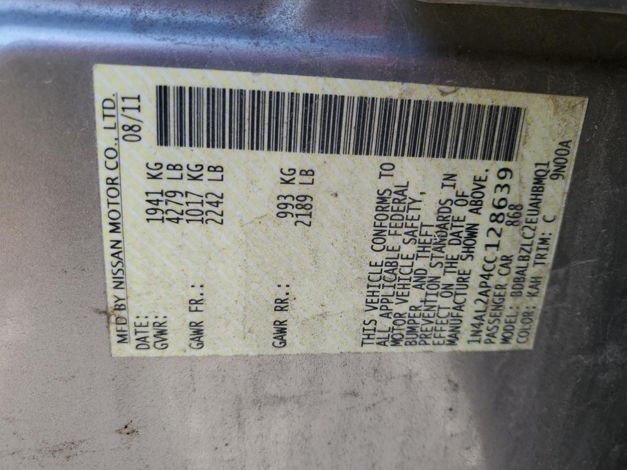 2012 Nissan Altima VIN 1N4AL2AP4CC128639 Copart auction photo, front end damage thumbnail 14