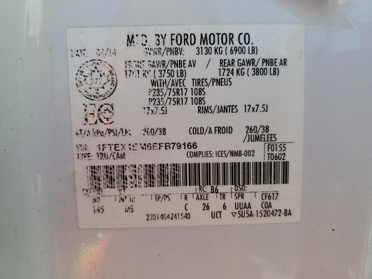 2014 Ford F-150 VIN 1FTEX1EM6EFB79166 Copart auction photo, water/flood damage thumbnail 13