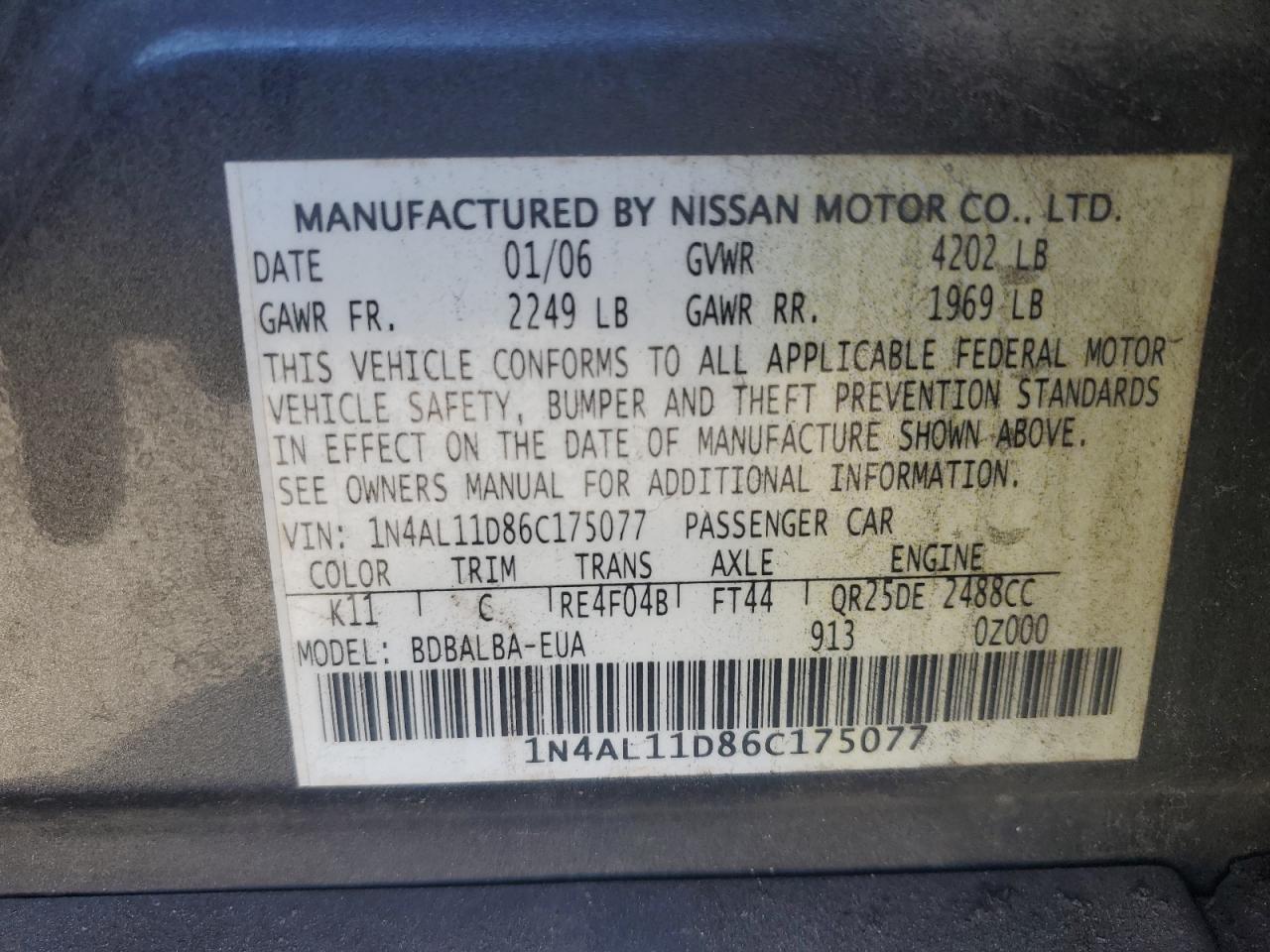 2006 Nissan Altima VIN 1N4AL11D86C175077 Copart auction photo, front end damage thumbnail 12