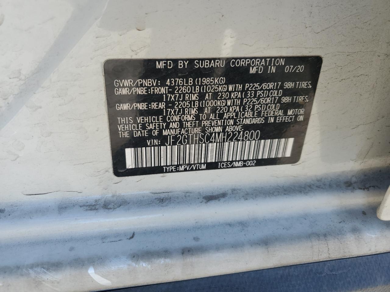 2021 Subaru XV VIN JF2GTHSC4MH224800 Copart auction photo, front end damage thumbnail 12