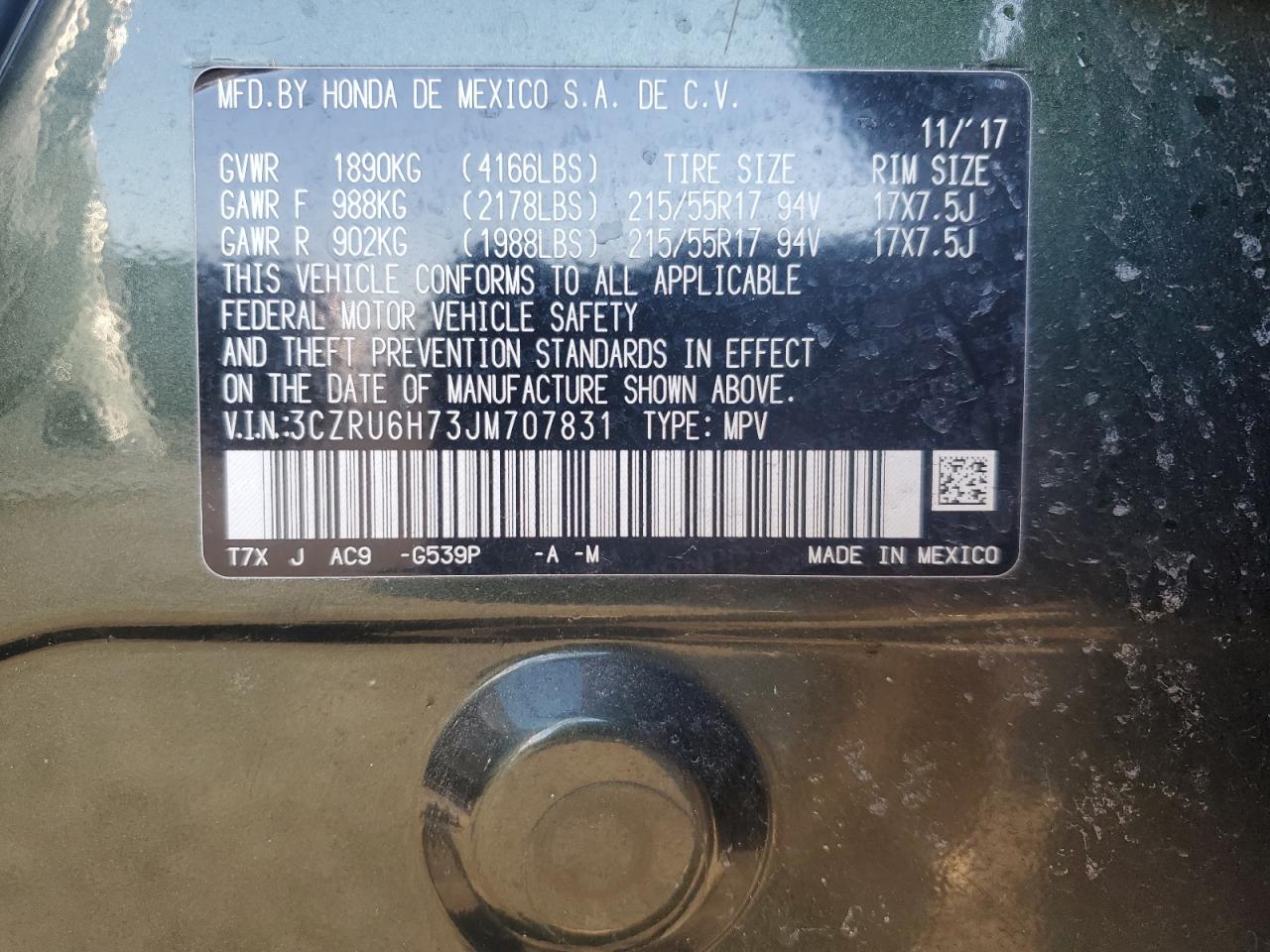 2018 Honda HR-V VIN 3CZRU6H73JM707831 Copart auction photo, water/flood damage thumbnail 14