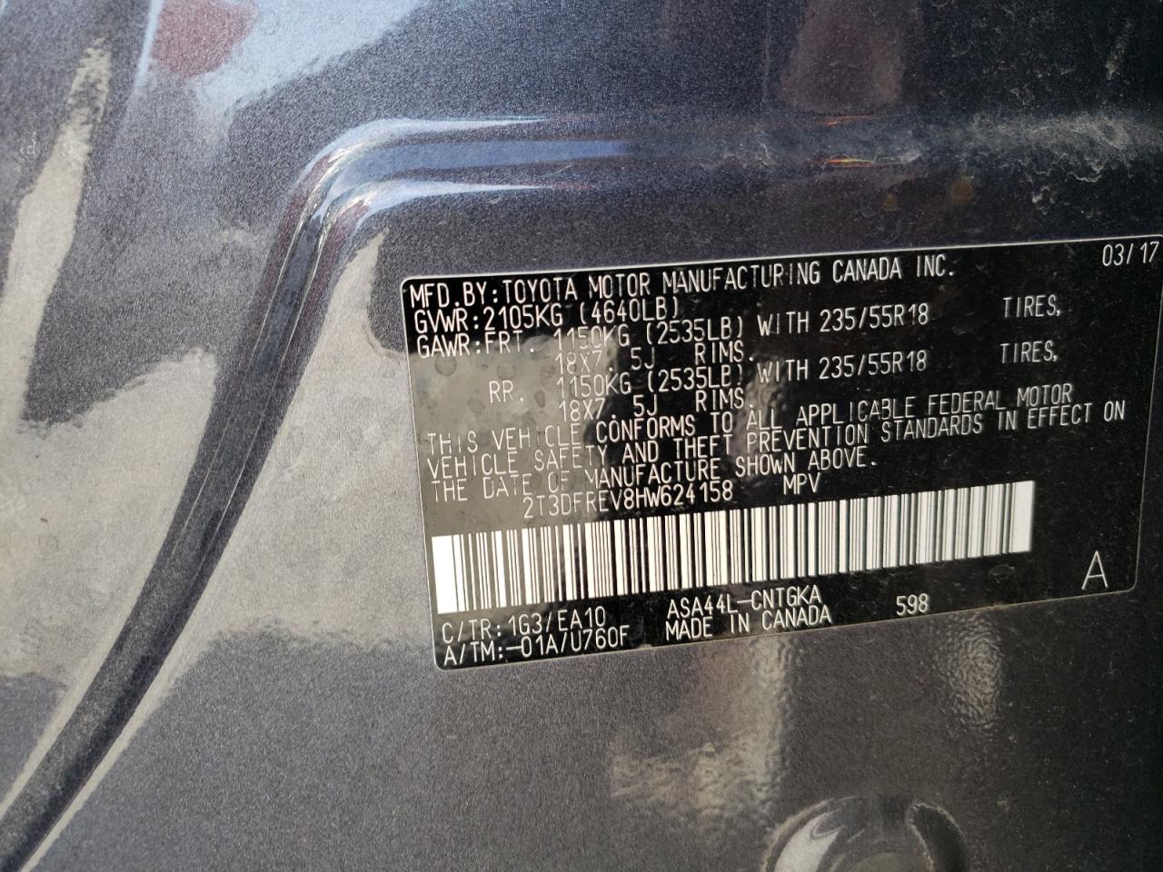 2017 Toyota RAV 4 VIN 2T3DFREV8HW624158 Copart auction photo, front end / side damage thumbnail 14
