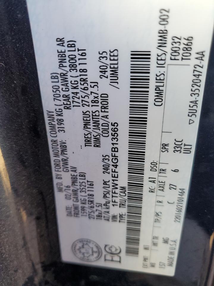 2016 Ford F-150 VIN 1FTFW1EF4GFB13565 Copart auction photo, front end damage thumbnail 12