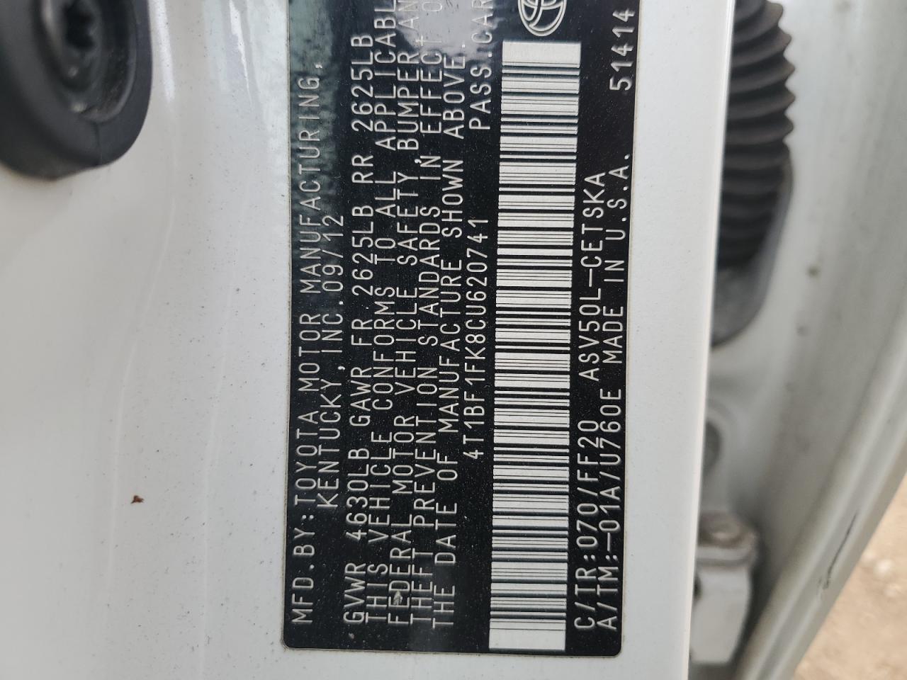 2012 Toyota Camry VIN 4T1BF1FK8CU620741 Copart auction photo, side / rear end damage thumbnail 14