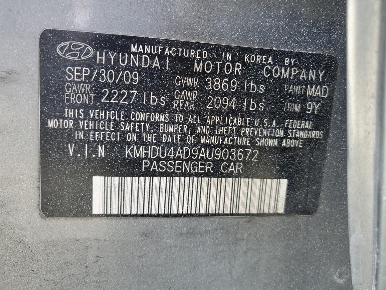 2010 Hyundai Elantra VIN KMHDU4AD9AU903672 Copart auction photo, side / minor dent/scratches damage thumbnail 12