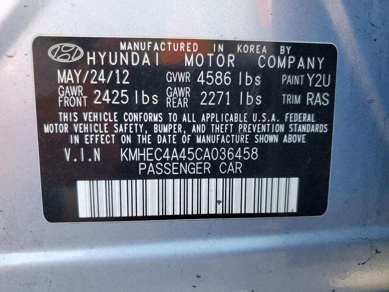 2012 Hyundai Sonata VIN KMHEC4A45CA036458 Copart auction photo, all over damage thumbnail 12