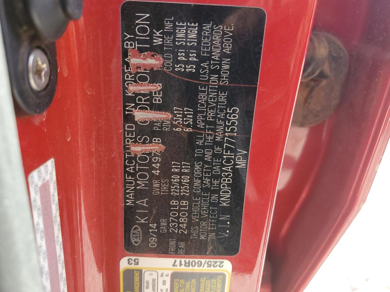 2015 KIA Sportage VIN KNDPB3AC1F7715565 Copart auction photo, rollover / all over damage thumbnail 14