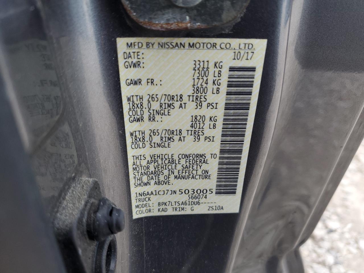 2018 Nissan Titan VIN 1N6AA1CJ7JN503005 Copart auction photo, side damage thumbnail 12