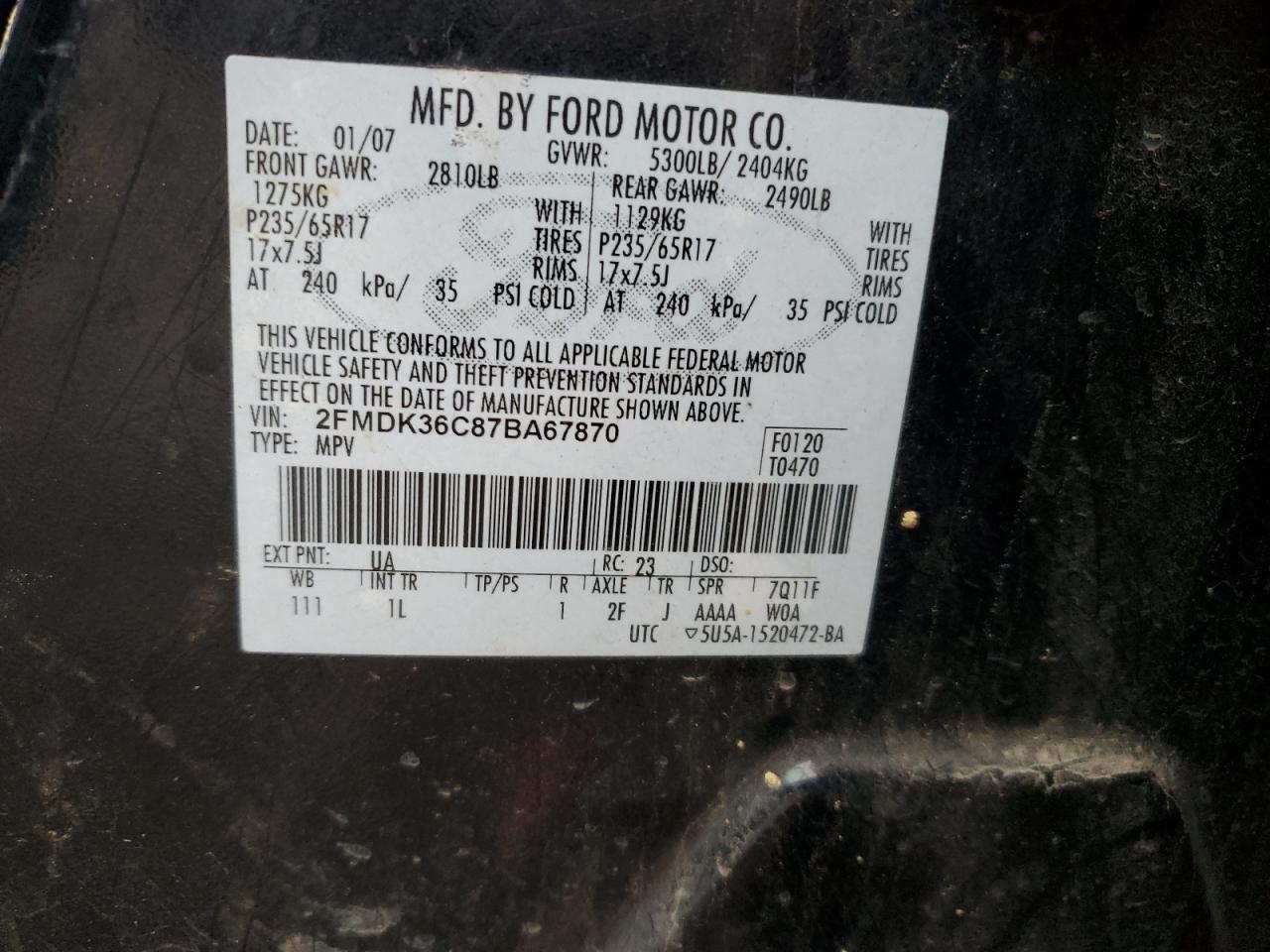 2007 Ford Edge VIN 2FMDK36C87BA67870 Copart auction photo, all over damage thumbnail 15