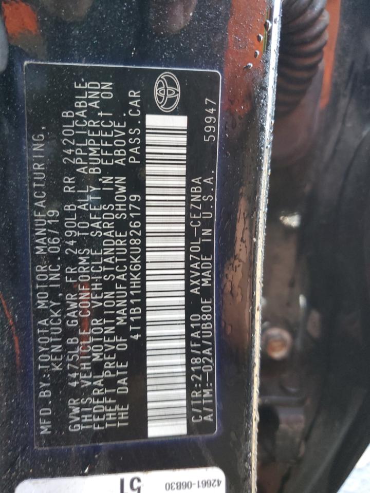 2019 Toyota Camry VIN 4T1B11HK6KU826179 Copart auction photo, front end damage thumbnail 12