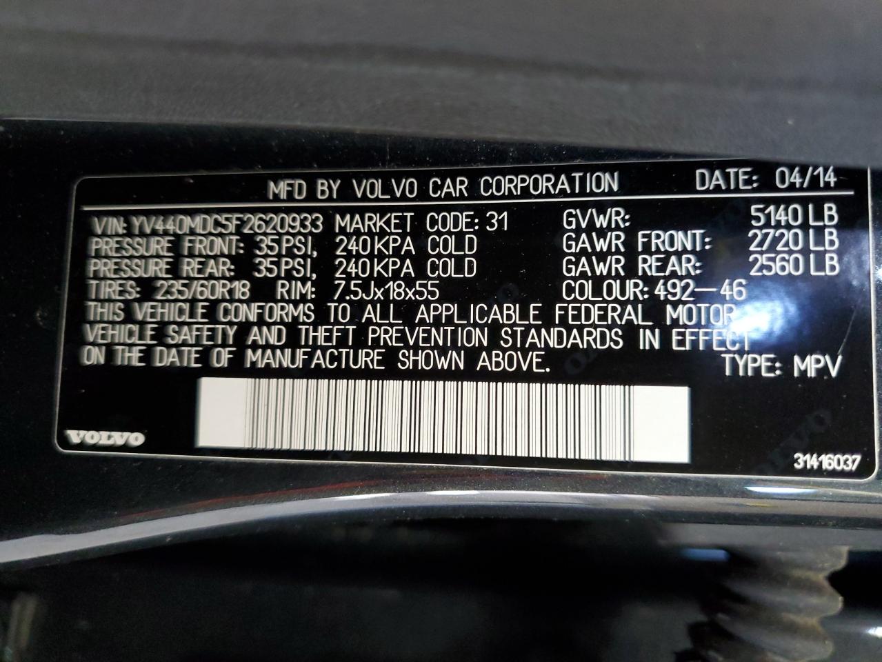 2015 Volvo XC60 VIN YV440MDC5F2620933 Copart auction photo, all over damage thumbnail 13