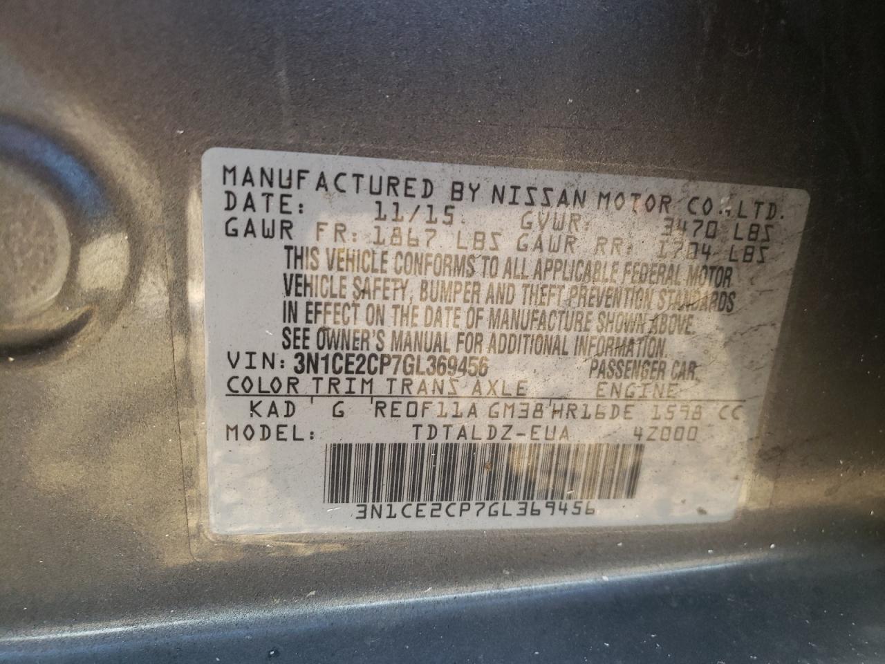 2016 Nissan Versa VIN 3N1CE2CP7GL369456 Copart auction photo, front end / minor dent/scratches damage thumbnail 13