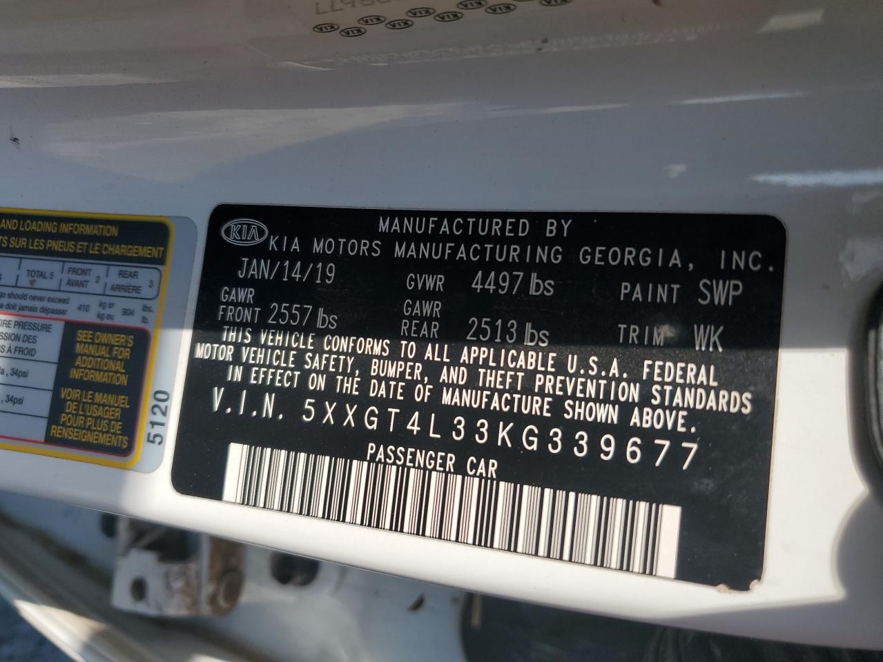 2019 KIA Optima VIN 5XXGT4L33KG339677 Copart auction photo, mechanical / all over damage thumbnail 12