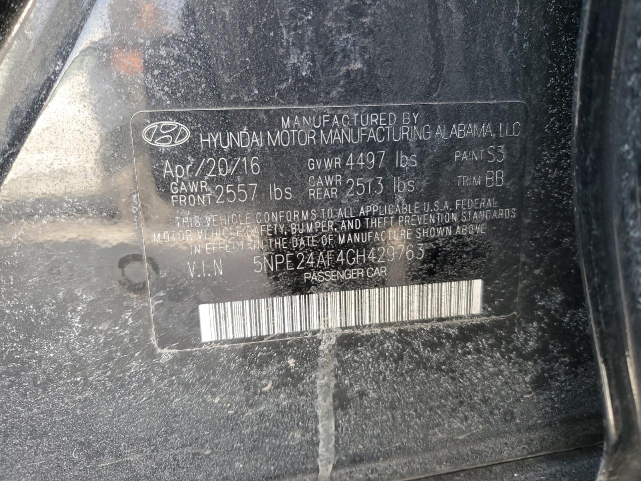 2016 Hyundai Sonata VIN 5NPE24AF4GH429763 Copart auction photo, front end / undercarriage damage thumbnail 14