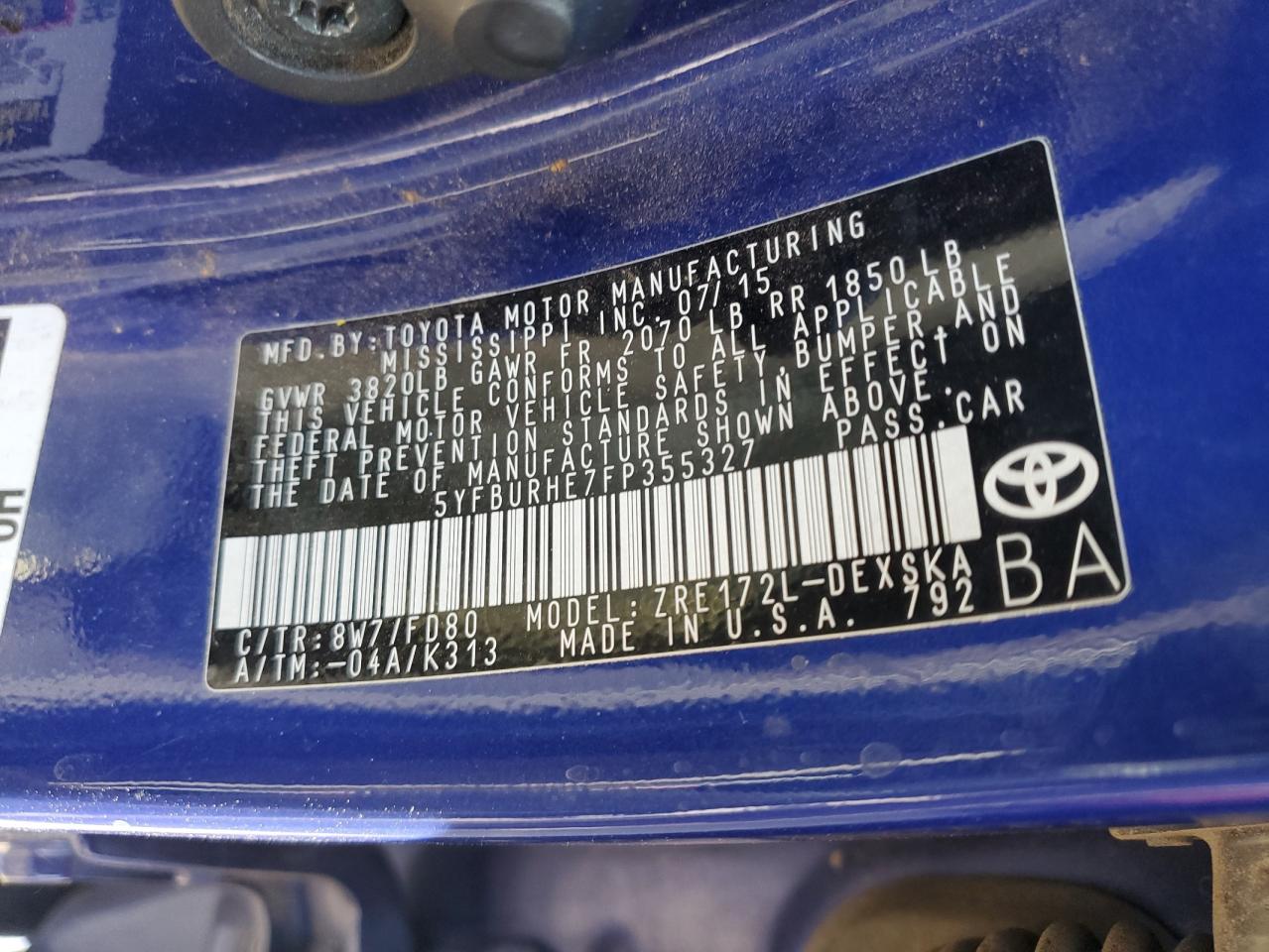 2015 Toyota Corolla VIN 5YFBURHE7FP355327 Copart auction photo, all over / mechanical damage thumbnail 15